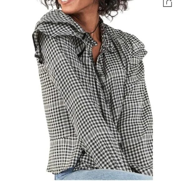 Faherty Tops - 𝅺FAHERTY Gingham Ruffled Black and White Top Sz S